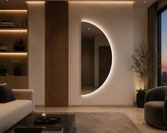 Specchio a mezzaluna retroilluminato a LED, lampada da bagno a mezzaluna, arredamento moderno e personalizzato per il bagno.