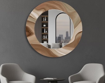 Espelho decorativo circular moderno, espelho de parede redondo para quarto, sala de estar e corredor, interior elegante e contemporâneo.