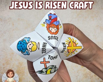 Lavoretto creativo da colorare "Gesù è risorto", indovino di Pasqua cristiano, gioco di carta con versetto biblico Matteo 28, attività "È risorto"