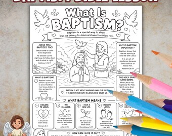 Cos'è il Battesimo? Pagina da colorare per bambini, attività stampabile a tema religioso per bambini in età prescolare, attività divertente per il ministero dei bambini, lezione biblica cristiana per la scuola domenicale.