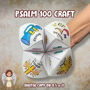 Può includere: Un gioco di carta tipo 'acchiappasogni' con temi del Salmo 100, illustrazioni colorate di una tromba blu, note musicali, una croce gialla e mani che applaudono. Il testo include 'PSALM 100 CRAFT', 'NOISE', 'JOYFUL', 'TO THE LORD', 'MAKE' e 'DIGITAL COPY ON 8.5 x 11'.