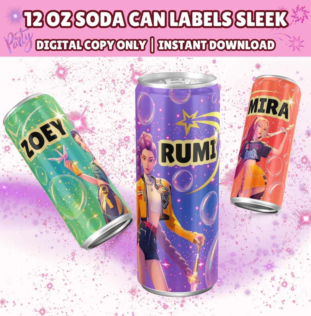 3 Kpop Demon Hunters Soda Can Labels For 12oz Slim Cans Mira Rumi Zoey 