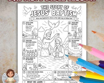 Pagina da colorare sul Battesimo di Gesù per bambini, stampabile per bambini cristiani, attività biblica per la scuola domenicale, lavoretto da colorare per il VBS, scheda di lavoro su Gesù
