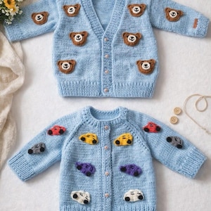 Handmade Knit Baby Cardigan, Blue Sweater, Teddy Bear or Car Motif, 1-2 years old