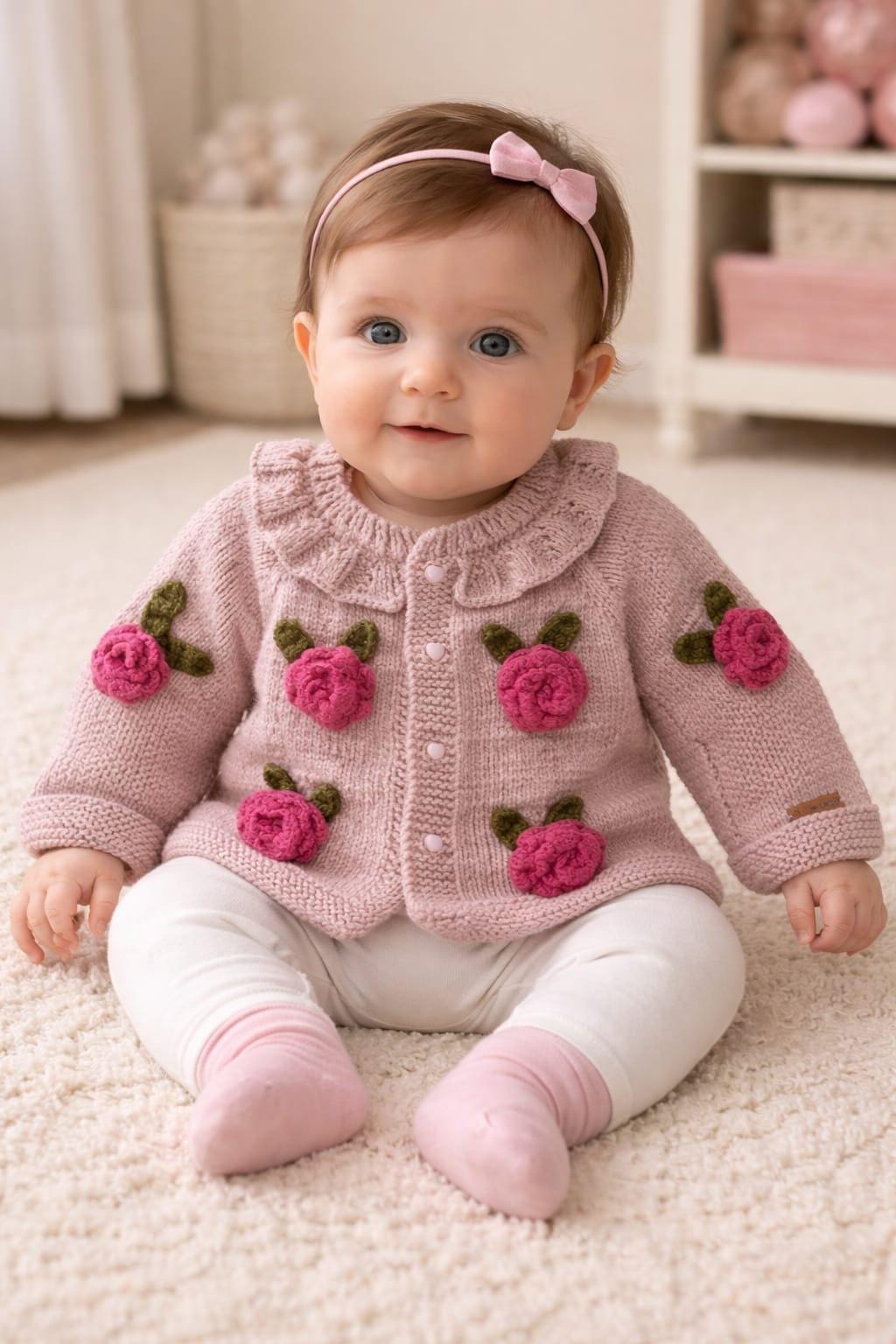 Handmade Floral Knit Baby Cardigan, 6-12 Months