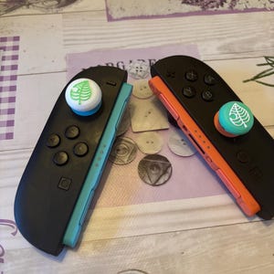 May include: Two black Nintendo Switch Joy-Con controllers, one with a teal and the other with an orange accent. Each controller has a matching leaf-design thumbstick. The controllers are set against a patterned background.