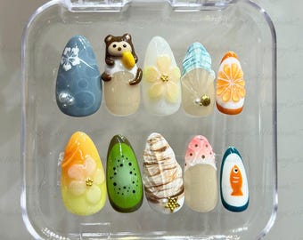 Kawaii Tropical Monkey Press On Nails, Playful Beach Nails, Coastal Monkey Kiwi Orange Press On Nails, Custom Shape Nails Beach Vibes