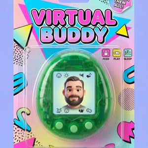 Könnte beinhalten: Ein grünes Virtual Buddy Handheld-Spiel in einer Blisterverpackung. Das Spiel zeigt einen digitalen Avatar und Funktionssymbole für Füttern, Spielen und Schlafen. Die Verpackung trägt den Text "COLLECT THEM ALL!" und ein Retro-Design.