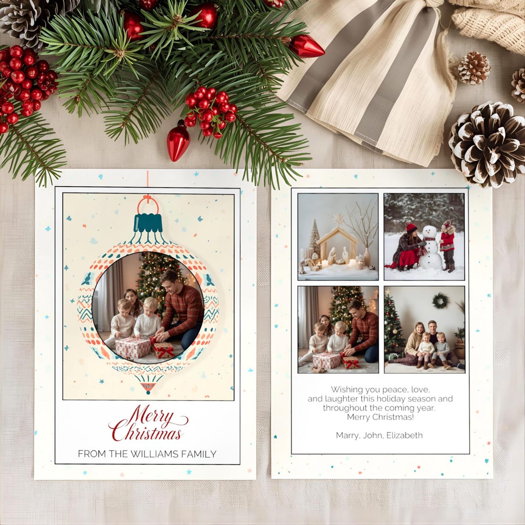 Editable Christmas Card Template Canva | Ornament Wreath Family Photo ...