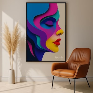 Peut inclure: Impression d'art abstrait représentant un profil de visage aux yeux fermés. L'œuvre utilise des formes superposées dans des tons de bleu, de violet, de jaune et de rouge. Le mot "Muraly" est écrit en bas à droite. L'œuvre est encadrée dans un cadre noir.