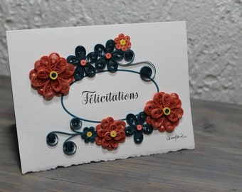 Wedding card, engagement card, wedding anniversary, turquoise and coral bouquet, pocket for gift, quilled flowers, french, blank card