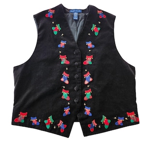 Vintage Karen Scott svart sammetsväst julstrumpa Jingle Bells Dam L