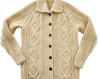 Cream Cable Knit Irish Fisherman Wool Cardigan Sweater Button Up Women Small XS