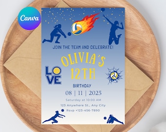 Modèle modifiable d'invitation d'anniversaire de volley-ball | Invitation à une fête sportive pour filles | Téléchargement numérique