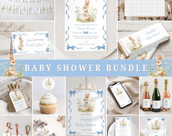 Rabbit Baby Shower Printable Bundle, Storybook Bunny Editable Canva, Blue Neutral Decor Games Signs