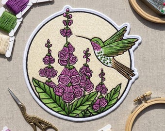 Hummingbird and Foxglove Patch – Floral Iron-On Embroidered Applique for Jackets, Bags, Hats