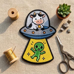 May include: An embroidered patch featuring a black and white cow sitting inside a blue UFO, with a yellow tractor beam shining down on a small green alien. The patch has a black border and is surrounded by sewing supplies and a small succulent.