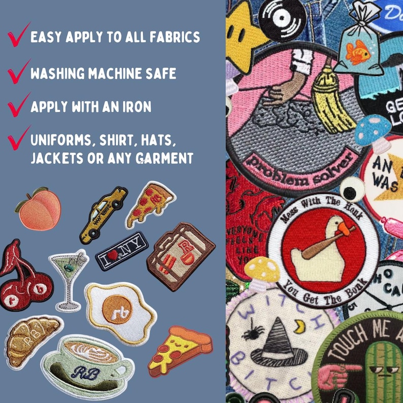 May include: A collection of colourful embroidered iron-on patches featuring various designs including food items like pizza, a peach, cherries, and a coffee cup, alongside a goose with a bat, a witch hat, and text-based patches on a blue background.