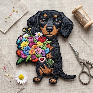 May include: An embroidered patch of a black and tan dachshund dog holding a colorful bouquet of flowers. The bouquet includes red, yellow, blue, pink, and white blossoms with green leaves and a small heart-shaped accent. The patch is on a textured fabric.