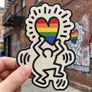 Rainbow Heart Keith Haring Style Embroidered Patch, LGBTQ Pride Patch, Love Is Love Iron On Patch, Equality Art Applique