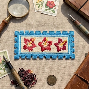 Hibiscus Postage Stamp Embroidered Patch – Tropical Flower Iron-On Applique, Vintage Travel Mail Art Badge