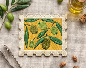 Olive Branch Postage Stamp Embroidered Patch – Mediterranean Olive Iron-On Applique, Botanical Travel Badge