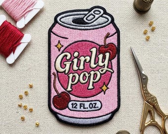 Girly Pop Soda Can Embroidered Patch – Cute Pink Cherry Iron-On Applique for Jackets, Backpacks & Trendy Gifts