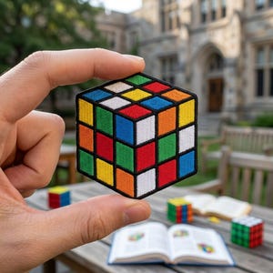 May include: A colorful Rubik's Cube patch held between fingers, showcasing a classic puzzle design. The patch features squares of red, blue, green, orange, yellow, and white, outlined in black. Other Rubik's Cubes and a book are on a wooden table.