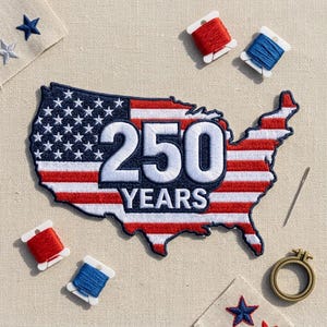 USA 250 Years Map Patch, American 250th Anniversary Embroidered Iron On Emblem, Semiquincentennial Patriotic Flag Badge, Washington DC Gift