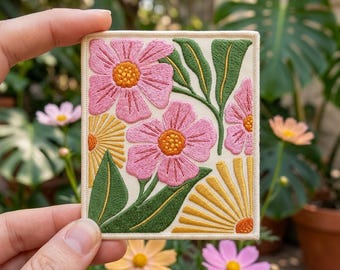 Embroidered Floral Patch – Pink Flowers Green Leaves Iron-On, Jacket Hat Applique