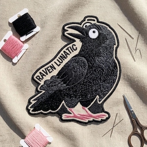 Raven Lunatic Crow Patch – Funny Gothic Black Bird Embroidered Iron-On Applique