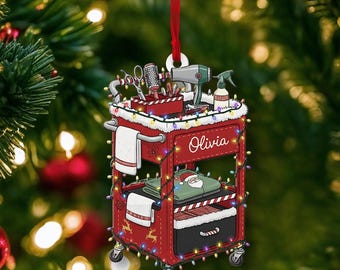 Custom Hairstylist Ornament, Salon Cart Xmas Tree Decor with Tools & Lights, 2D Flat Acrylic Design, Holiday Gift Keepsake for Hairdressers