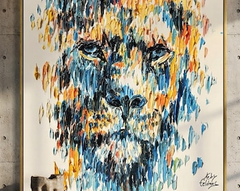 Pintura al óleo original del Rey León de Koby Feldmos Arte pop contemporáneo Retrato de león sobre lienzo Arte mural moderno