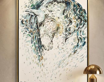 Caballo blanco abstracto, pintura al óleo original de Koby Feldmos, arte animal moderno sobre lienzo, arte mural contemporáneo