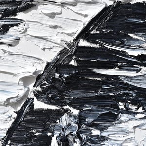 Puede incluir: Pintura al &oacute;leo abstracta con gruesas pinceladas en blanco y negro. La obra presenta una superficie texturizada con &aacute;reas contrastantes de luz y sombra, creando una composici&oacute;n din&aacute;mica. La pintura est&aacute; sobre un lienzo blanco.