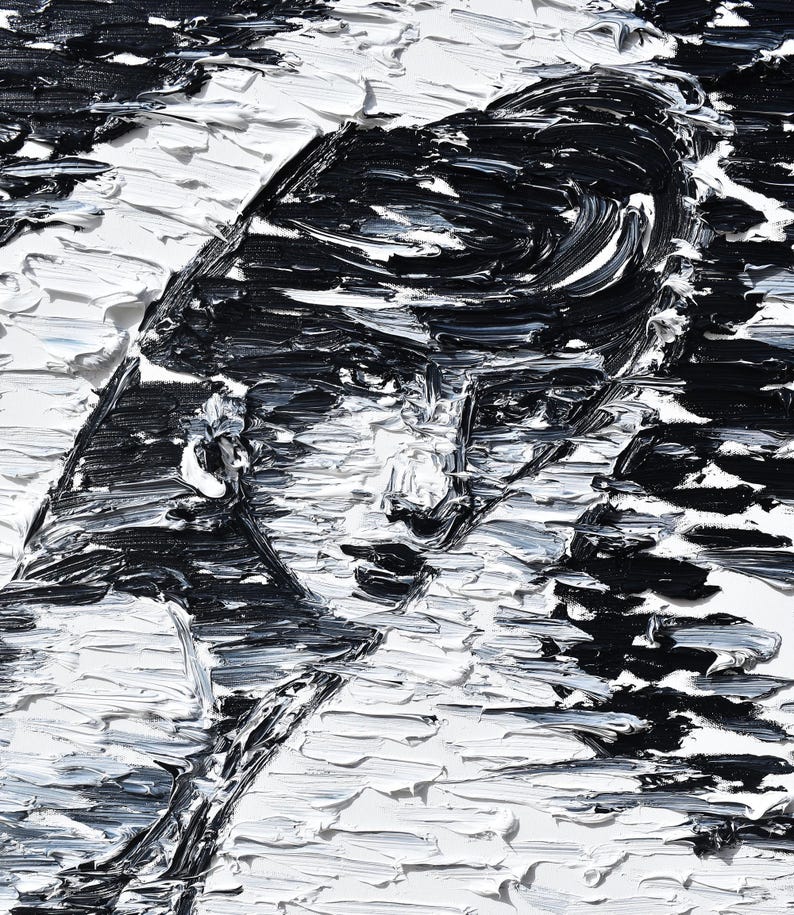 Puede incluir: Pintura al &oacute;leo abstracta en blanco y negro con gruesas pinceladas. La obra presenta una superficie texturizada con &aacute;reas contrastantes de pintura negra y blanca, creando una composici&oacute;n din&aacute;mica y expresiva. El estilo de la pintura es moderno y audaz.