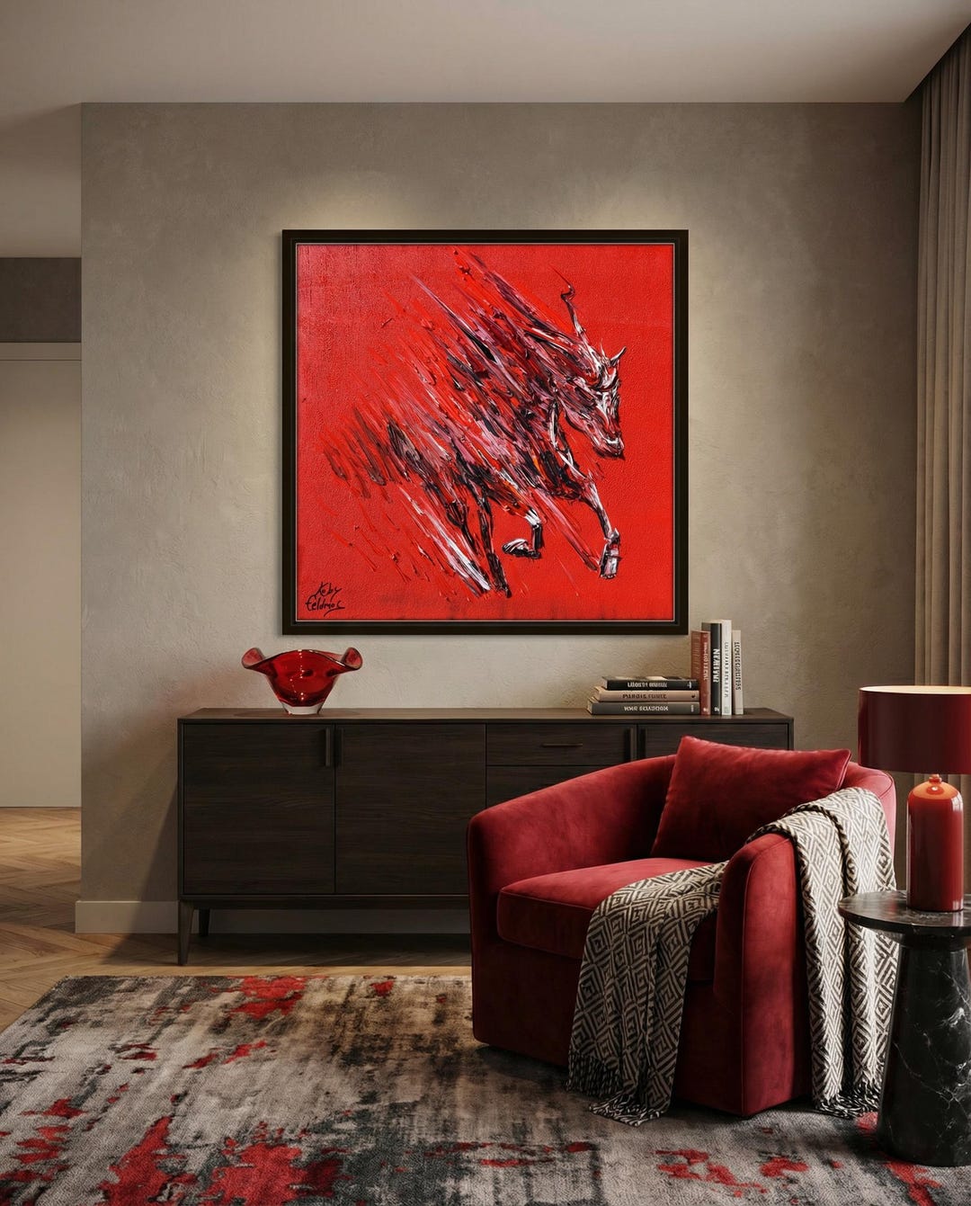 Red Horse Original Oil Painting on Canvas Modern Abstract Animal Wall ...