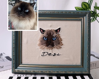 Ritratto personalizzato ricamato per animali domestici: ricordo commemorativo personalizzato per cani e gatti, cornice vintage color verde acqua.