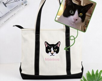 Borsa tote con ritratto di animale domestico ricamato – Borsa in tela personalizzata per cani o gatti