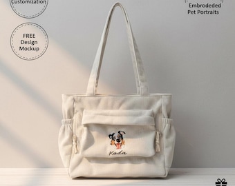 Borsa tote in velluto a coste personalizzata con ritratto di animale domestico ricamato: regalo personalizzato per amanti di cani e gatti