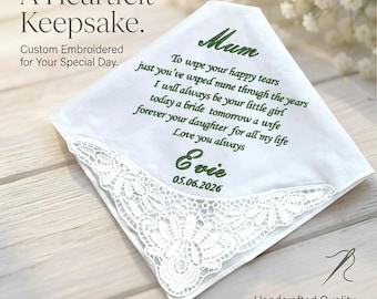 Fazzoletto ricamato per la madre della sposa, ricordo di nozze personalizzato in pizzo, regalo personalizzato