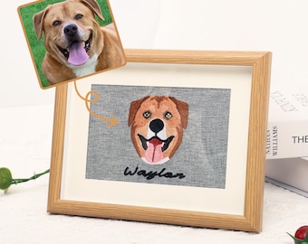 Ritratto personalizzato ricamato del tuo animale domestico – Cornice portafoto in legno personalizzata, regalo commemorativo