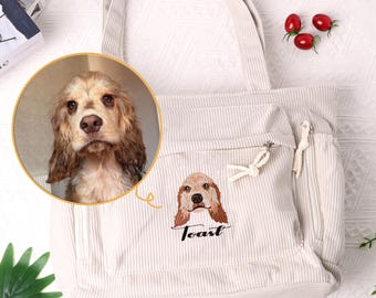 Borsa tote in velluto a coste personalizzata con ricamo: borsa a tracolla con ritratto di animale domestico, regalo per amanti dei cani.