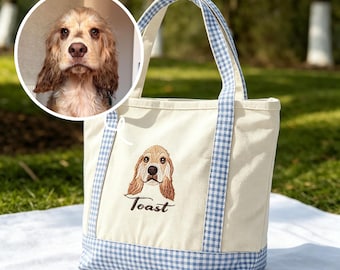 Borsa tote personalizzata con ritratto di animale domestico ricamato, borsa tote in tela personalizzata con foto di cane e gatto, regalo per amanti degli animali, borsa tote personalizzata con nome dell'animale.
