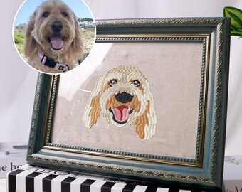 Ritratto personalizzato ricamato per animali domestici: ricordo commemorativo personalizzato per cani e gatti, cornice vintage color verde acqua.