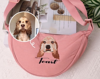 Borsa a tracolla personalizzata con ritratto di animale domestico ricamato: borsa a tracolla commemorativa personalizzata per cani e gatti