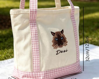 Custom Embroidered Pet Portrait Tote Bag, Personalized Dog Cat Photo Canvas Bag