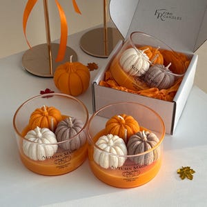 Pode incluir: Dois frascos de vidro e uma caixa de cartão branca aberta contendo cera laranja e velas em forma de abóbora em branco, laranja e cinzento. Cada rótulo diz Autumn Magic com uma ilustração de abóbora e 100g líquidos. Dois castiçais dourados com fitas cor de laranja estão atrás.
