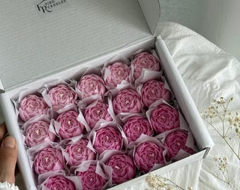 Velas de cera de soja con mini peonías • Set de regalo floral rosa