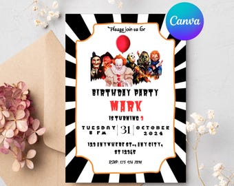 Invitación de cumpleaños de terror de Canva, editable, para fiesta de miedo, imprimible, para niños y adolescentes, temática de película de terror, cumpleaños de octubre